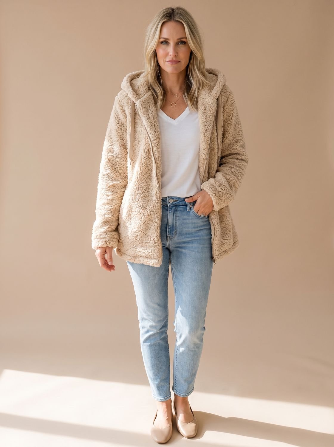 Oversized Teddyfleece-Damenjacke mit Kapuze und Reißverschluss
