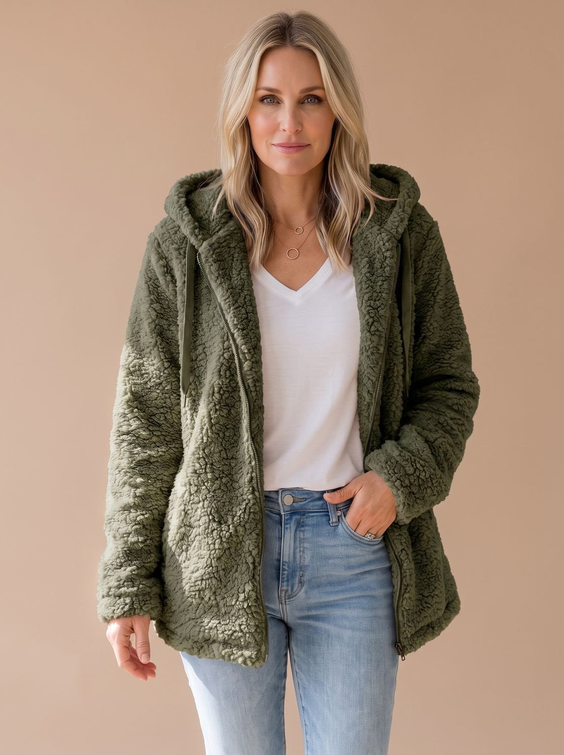 Oversized Teddyfleece-Damenjacke mit Kapuze und Reißverschluss