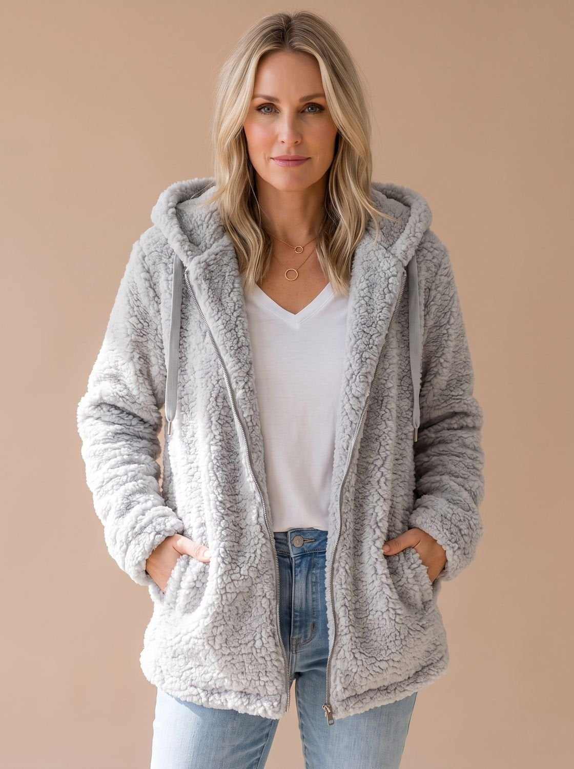Oversized Teddyfleece-Damenjacke mit Kapuze und Reißverschluss