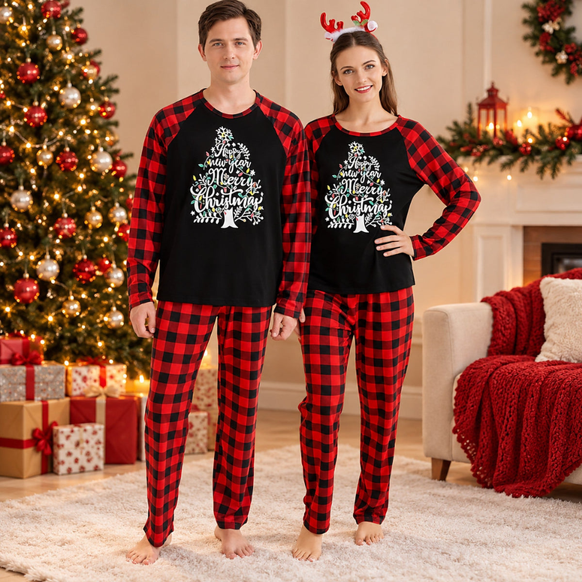 Passender Weihnachts-Schlafanzug – Kariertes Pyjama-Set für Paare