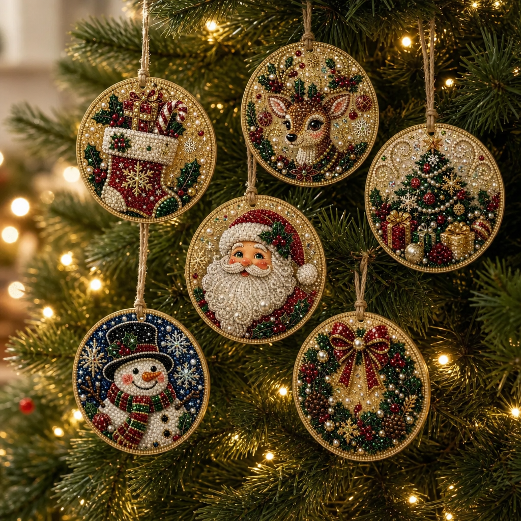 Perlen- und Schmuckstein-Weihnachtsbaumanhänger, 6er-Set