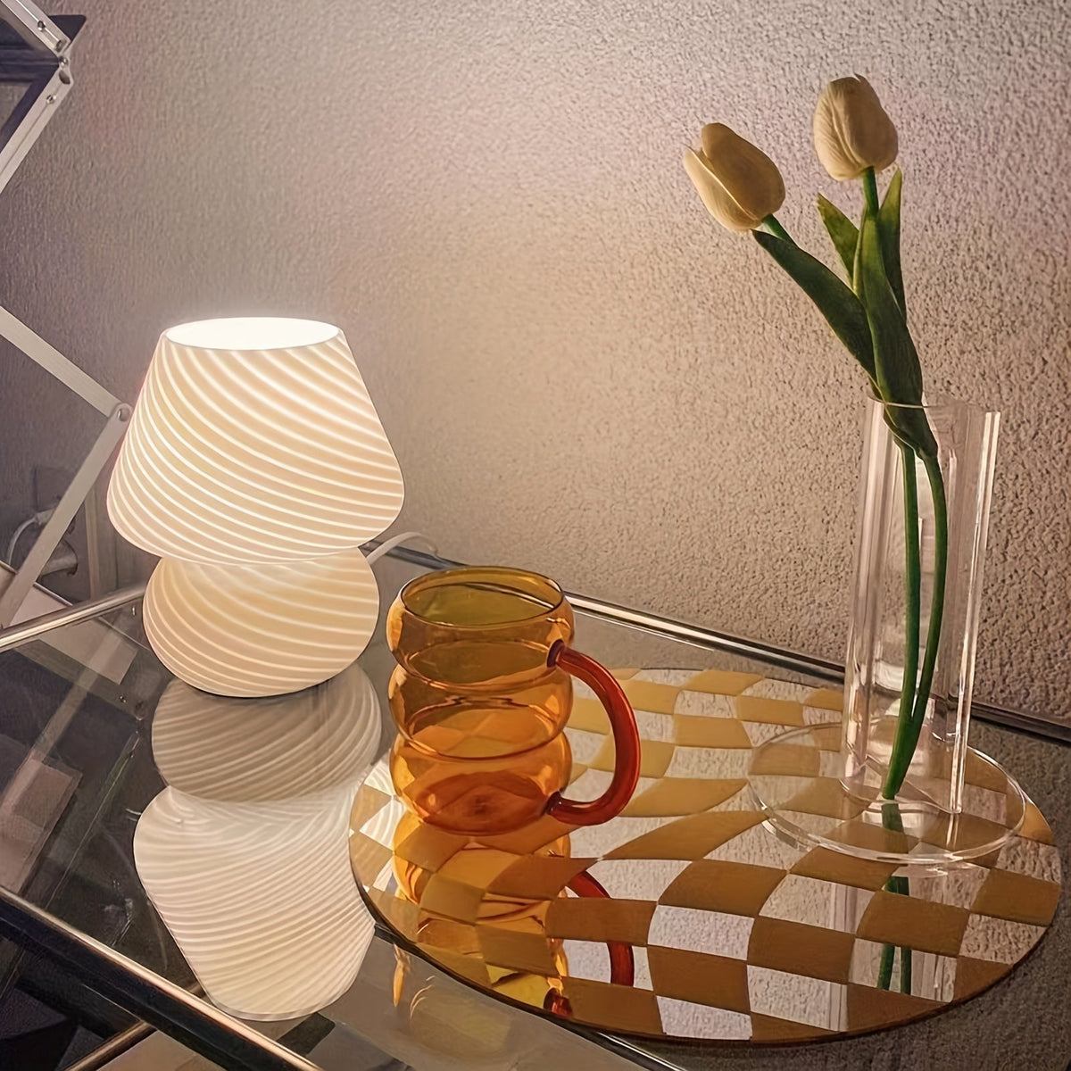 Pilzförmige Tischlampe aus Glas im Murano-Stil | Dimmbare USB-Tischleuchte