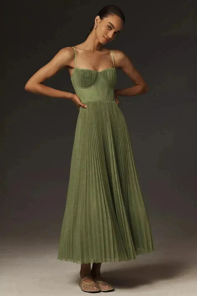 Plissiertes Midikleid in A-Linie für Damen – Bustier-Oberteil – Spaghettiträger