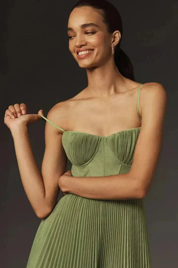 Plissiertes Midikleid in A-Linie für Damen – Bustier-Oberteil – Spaghettiträger