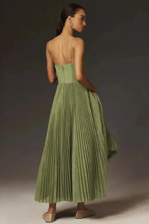 Plissiertes Midikleid in A-Linie für Damen – Bustier-Oberteil – Spaghettiträger