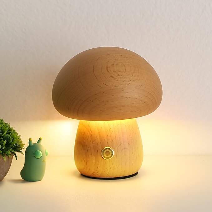 Portobello-Pilzlampe | Aufladbares Nachtlicht aus Naturholz