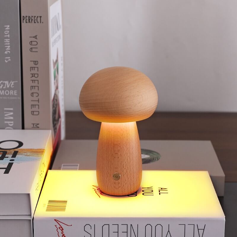 Portobello-Pilzlampe | Aufladbares Nachtlicht aus Naturholz
