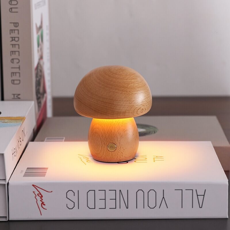 Portobello-Pilzlampe | Aufladbares Nachtlicht aus Naturholz