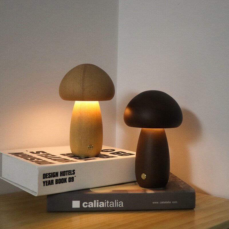 Portobello-Pilzlampe | Aufladbares Nachtlicht aus Naturholz