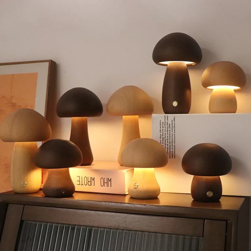 Portobello-Pilzlampe | Aufladbares Nachtlicht aus Naturholz