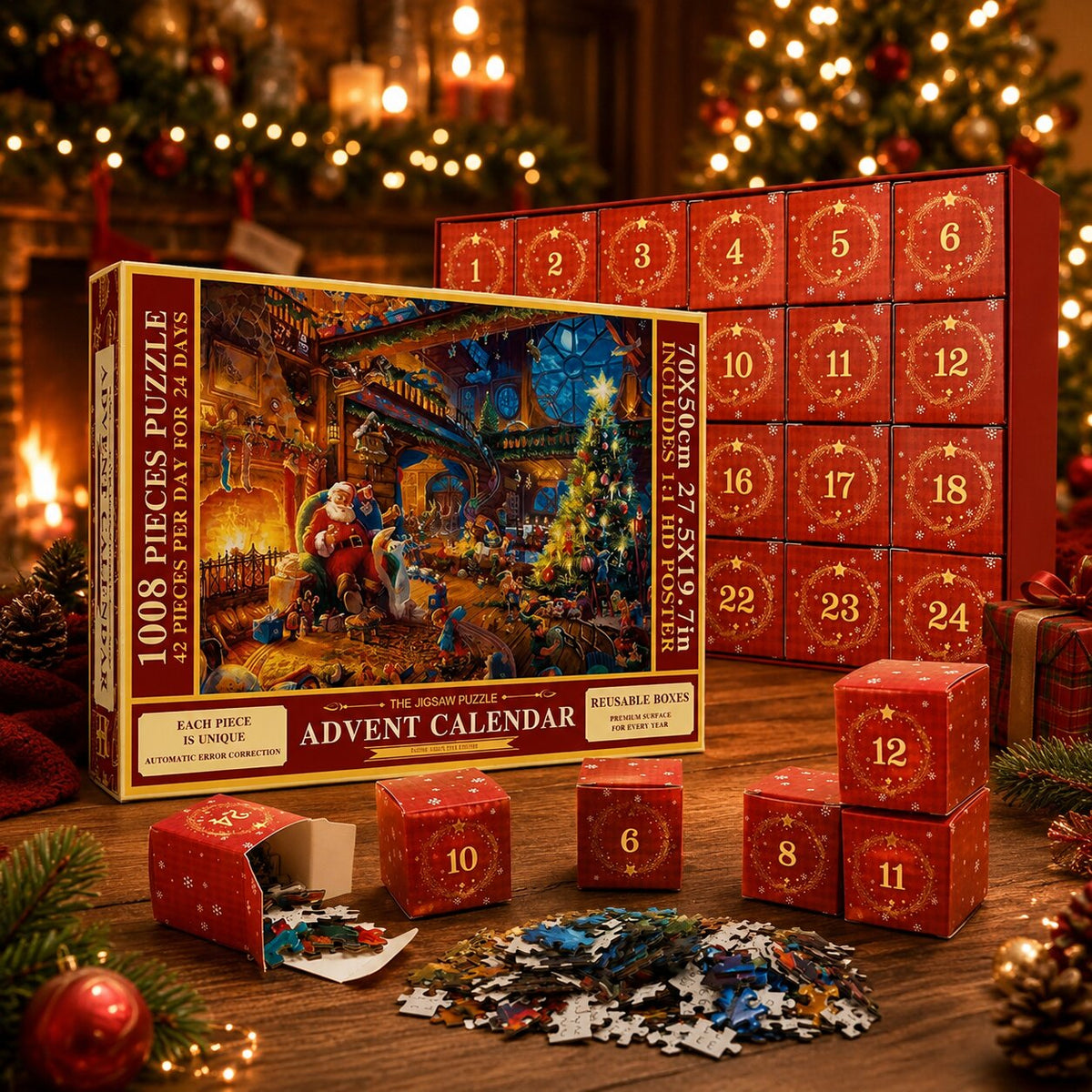 Puzzle-Adventskalender 2026 – 24 Türchen mit je 42 Teilen und festlichem Weihnachtsmotiv