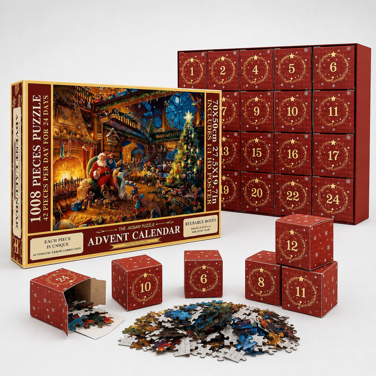 Puzzle-Adventskalender 2026 – 24 Türchen mit je 42 Teilen und festlichem Weihnachtsmotiv