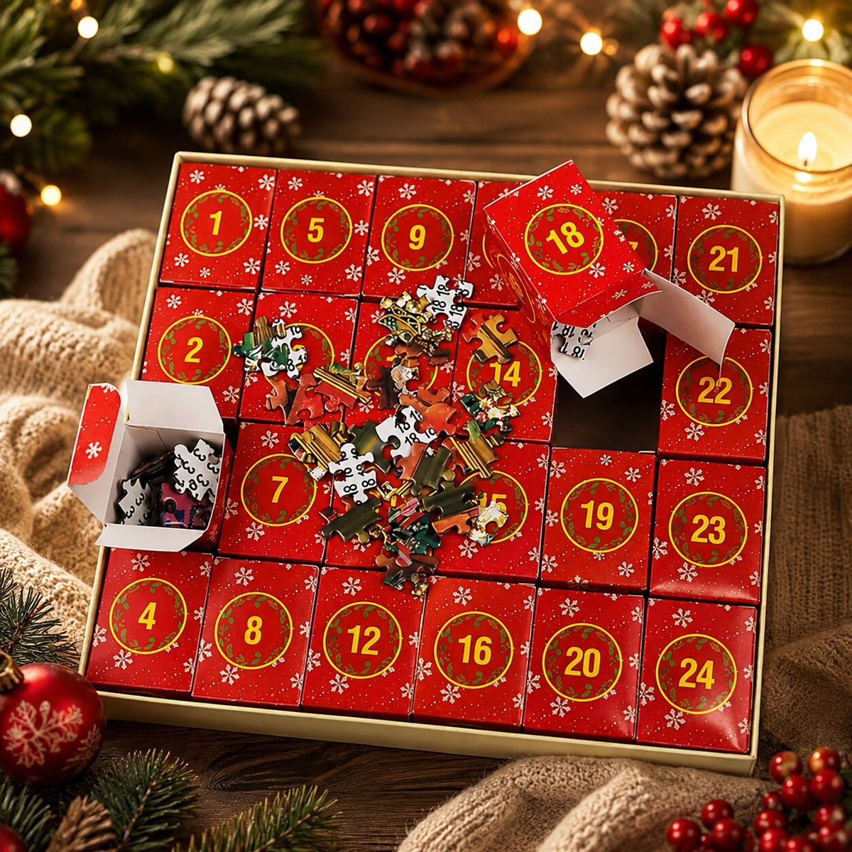 Puzzle-Adventskalender 2026 – 24 Türchen mit je 42 Teilen und festlichem Weihnachtsmotiv
