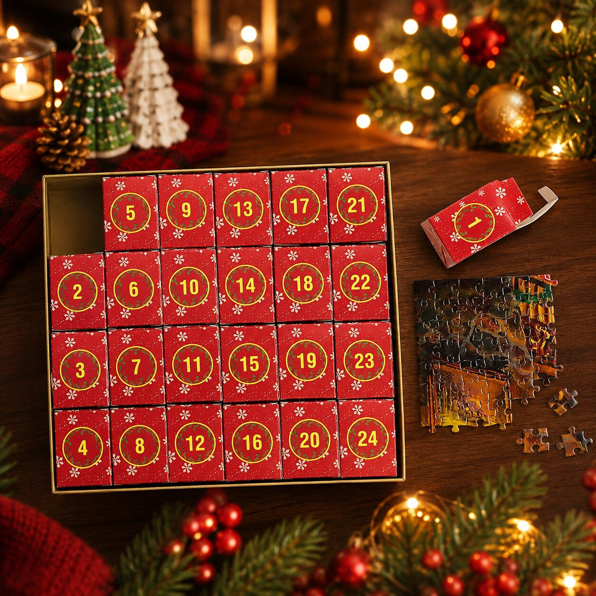 Puzzle-Adventskalender 2026 – 24 Türchen mit je 42 Teilen und festlichem Weihnachtsmotiv