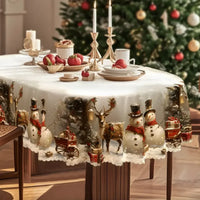 Rechteckige Weihnachtstischdecke mit Schneemann- und Rentiermotiv sowie gewelltem Spitzensaum