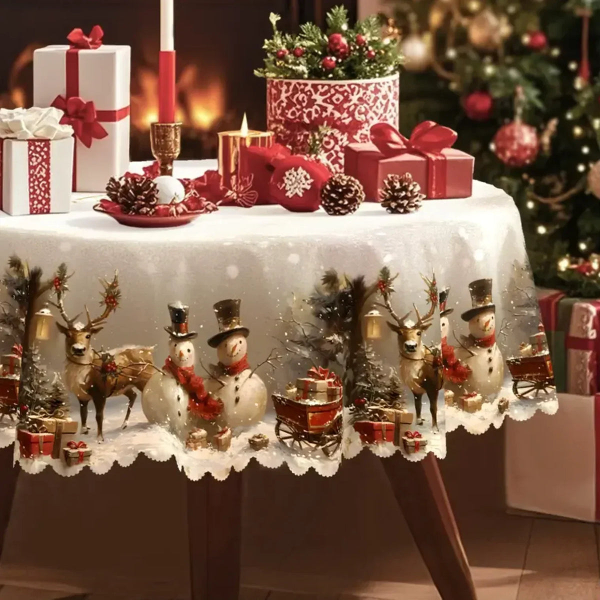 Rechteckige Weihnachtstischdecke mit Schneemann- und Rentiermotiv sowie gewelltem Spitzensaum
