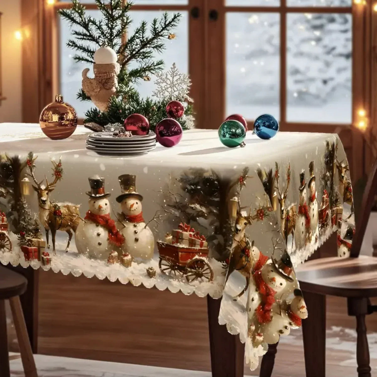 Rechteckige Weihnachtstischdecke mit Schneemann- und Rentiermotiv sowie gewelltem Spitzensaum
