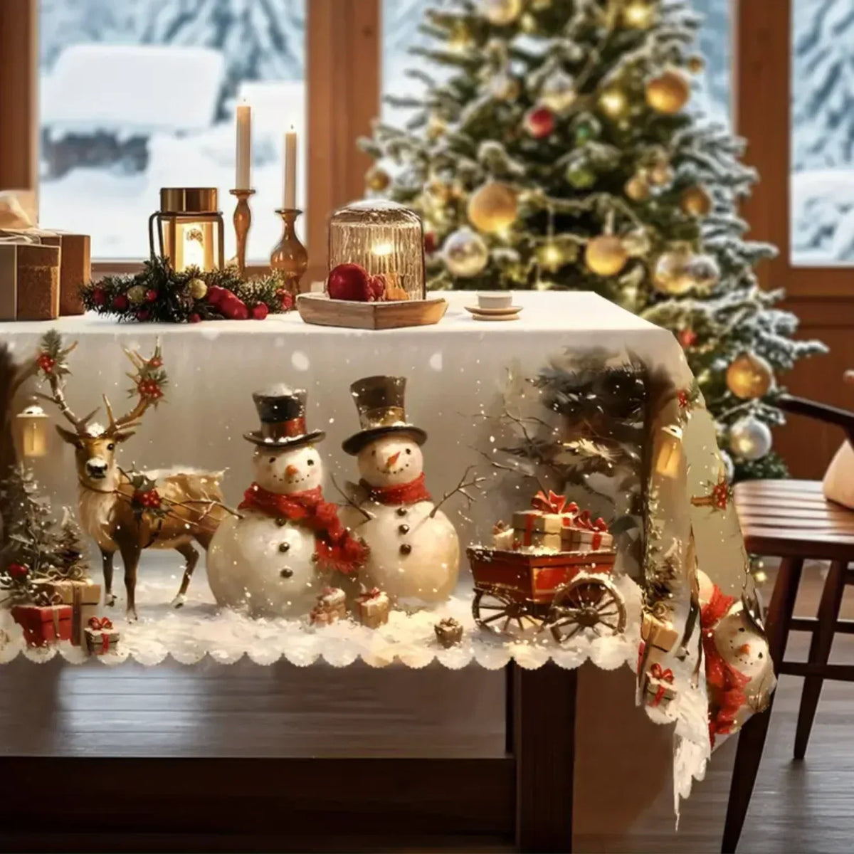 Rechteckige Weihnachtstischdecke mit Schneemann- und Rentiermotiv sowie gewelltem Spitzensaum