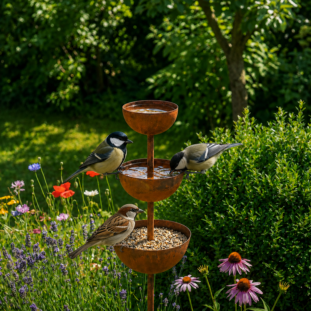 Rustikale Vogeltränke als Gartenstecker in Kupferoptik