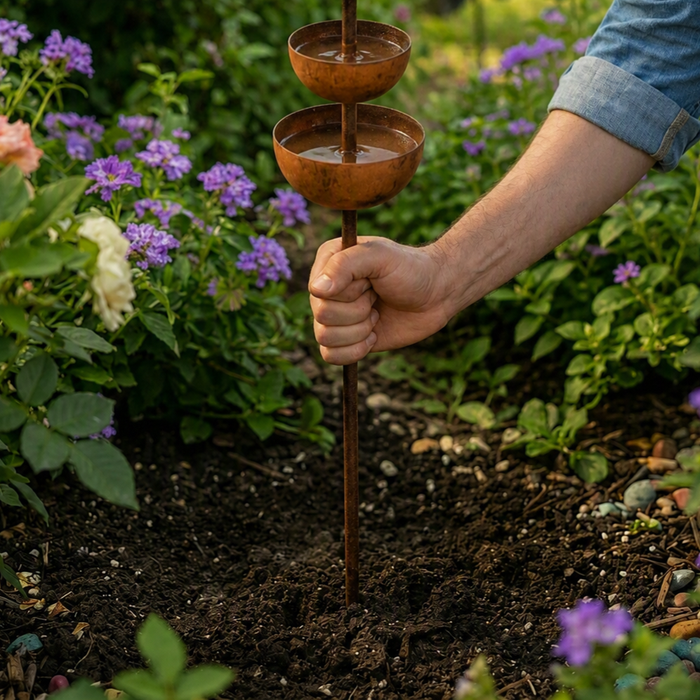 Rustikale Vogeltränke als Gartenstecker in Kupferoptik