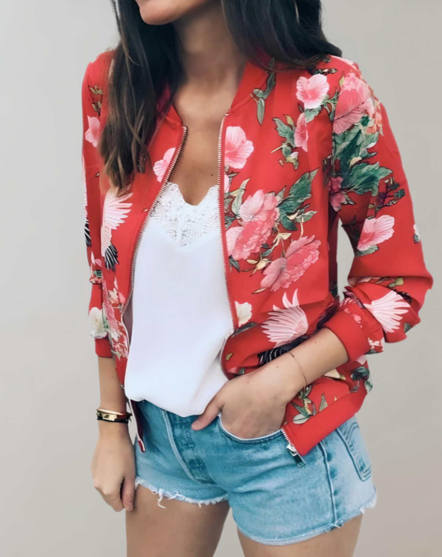 Schicke Bomberjacke mit Blumenmuster für Damen