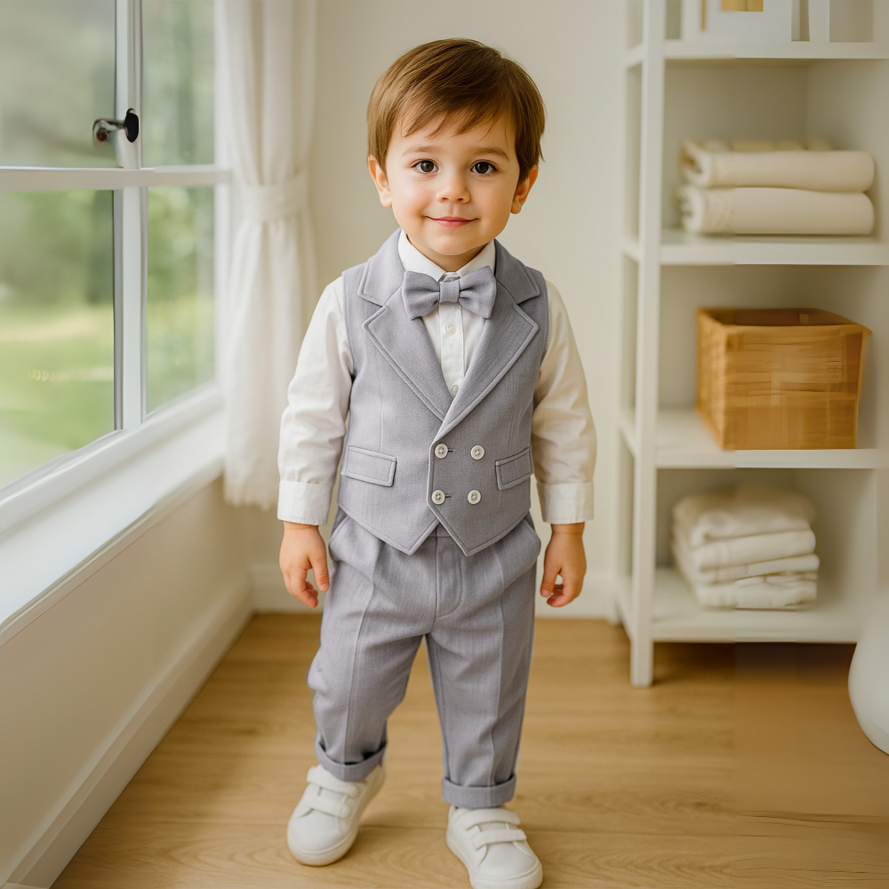 Schicker 3-teiliger Jungenanzug – Blaues Hemd, Weste und Hose mit Fliege
