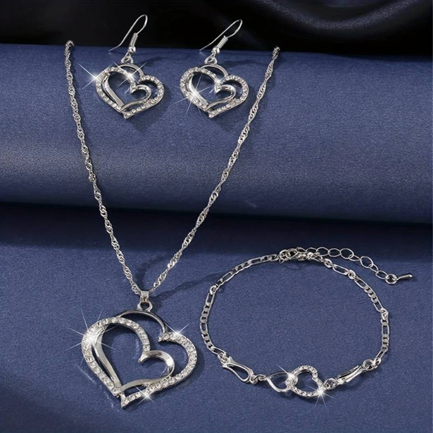 Schmuckset aus 925er-Silber mit Doppelherzen