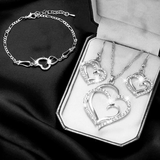 Schmuckset aus 925er-Silber mit Doppelherzen