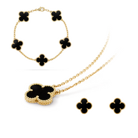 Schmuckset Celeste Clover | Schwarzer Kleeblatt-Schmuck, 18K vergoldeter Edelstahl, hypoallergen