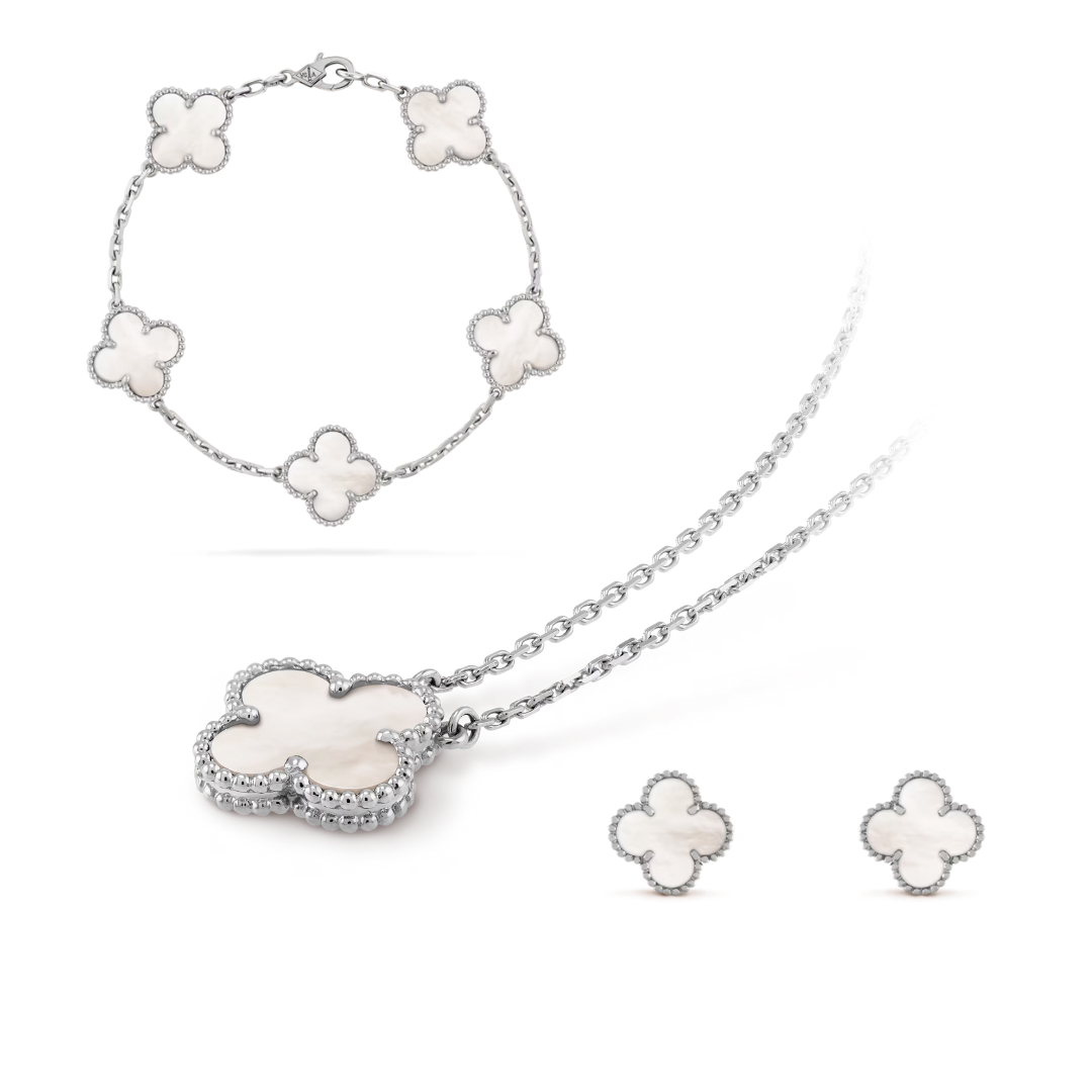 Schmuckset mit Kleeblatt-Motiv – Allergikerfreundliche Halskette, Armband und Ohrringe aus Edelstahl