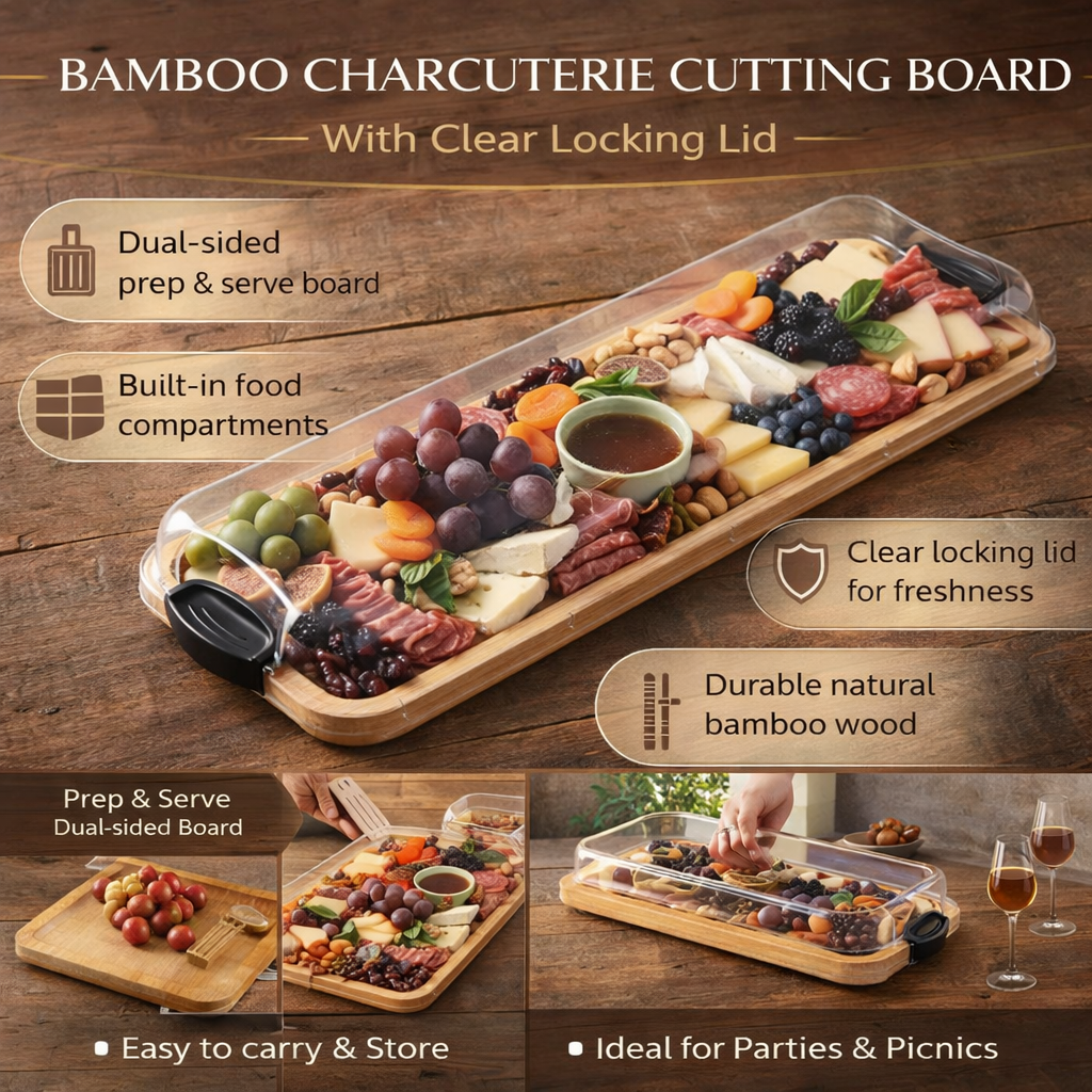 Schneidebrett und Servierbrett aus Bambus für Charcuterie mit Deckel mit Verschluss