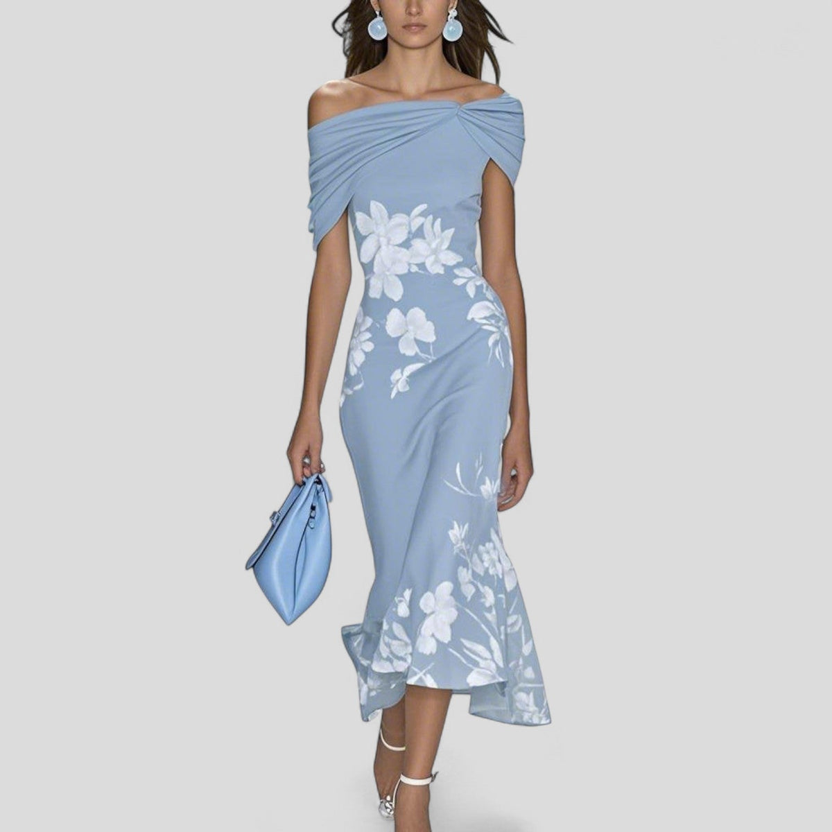 Schulterfreies Midikleid mit Blumenmuster für Damen