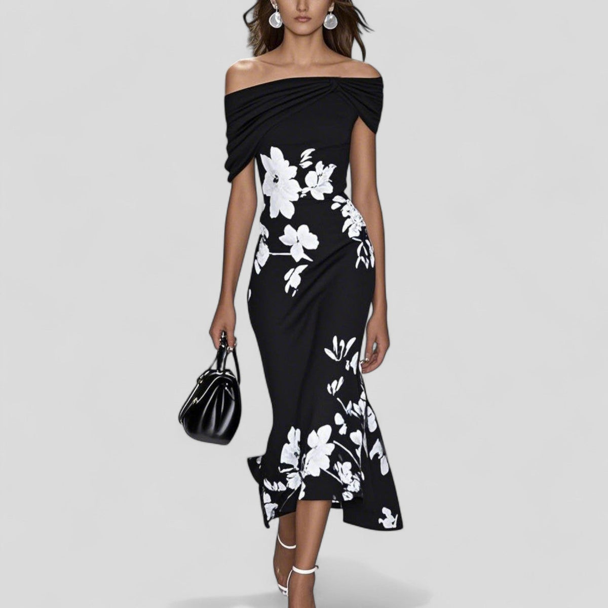Schulterfreies Midikleid mit Blumenmuster für Damen