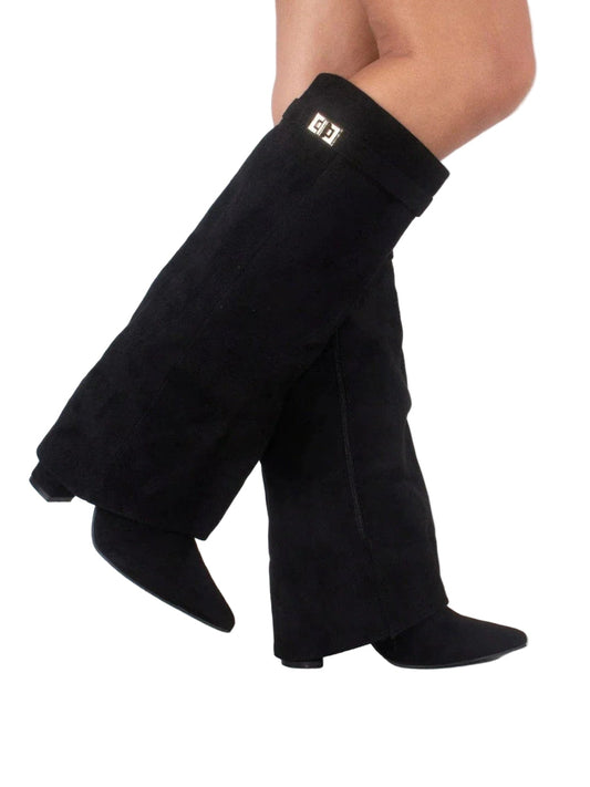 Schwarze kniehohe Damenstiefel mit goldenen Details