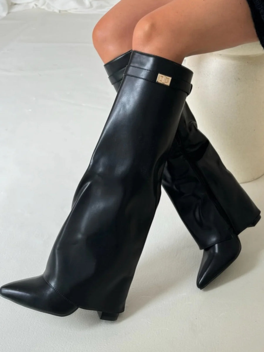 Schwarze kniehohe Damenstiefel mit goldenen Details