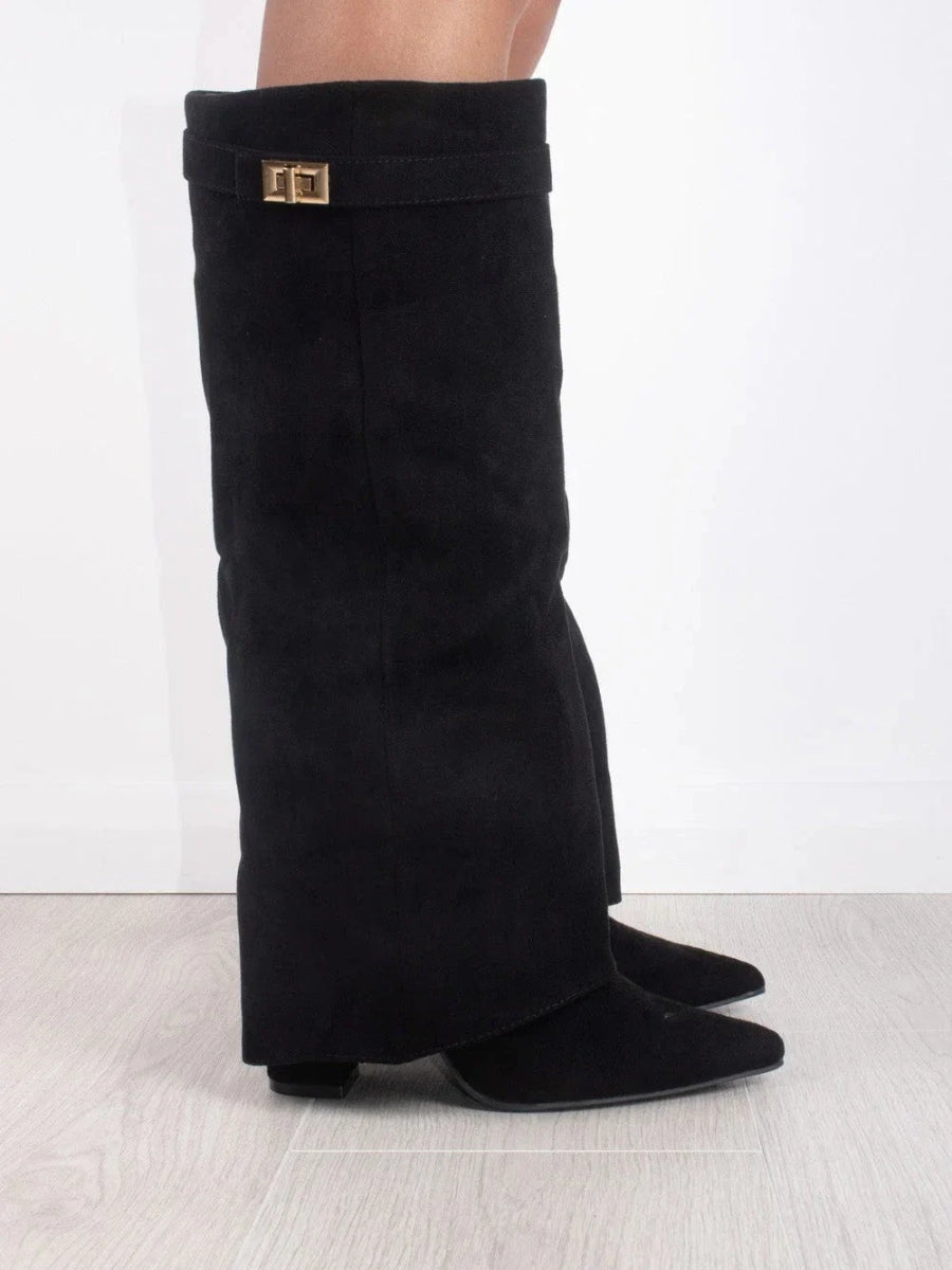 Schwarze kniehohe Damenstiefel mit goldenen Details