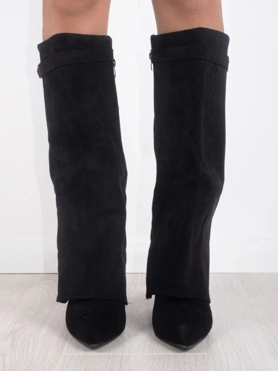 Schwarze kniehohe Damenstiefel mit goldenen Details