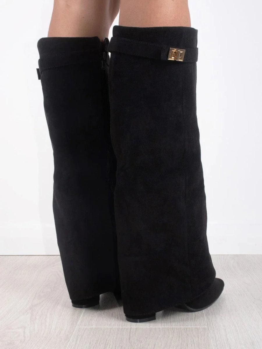 Schwarze kniehohe Damenstiefel mit goldenen Details
