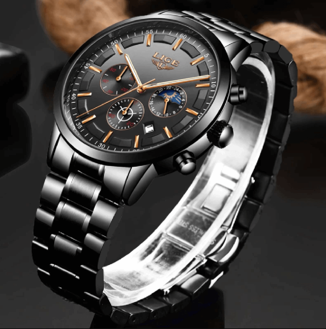 Schwarze Militär-Armbanduhr mit Stahlband