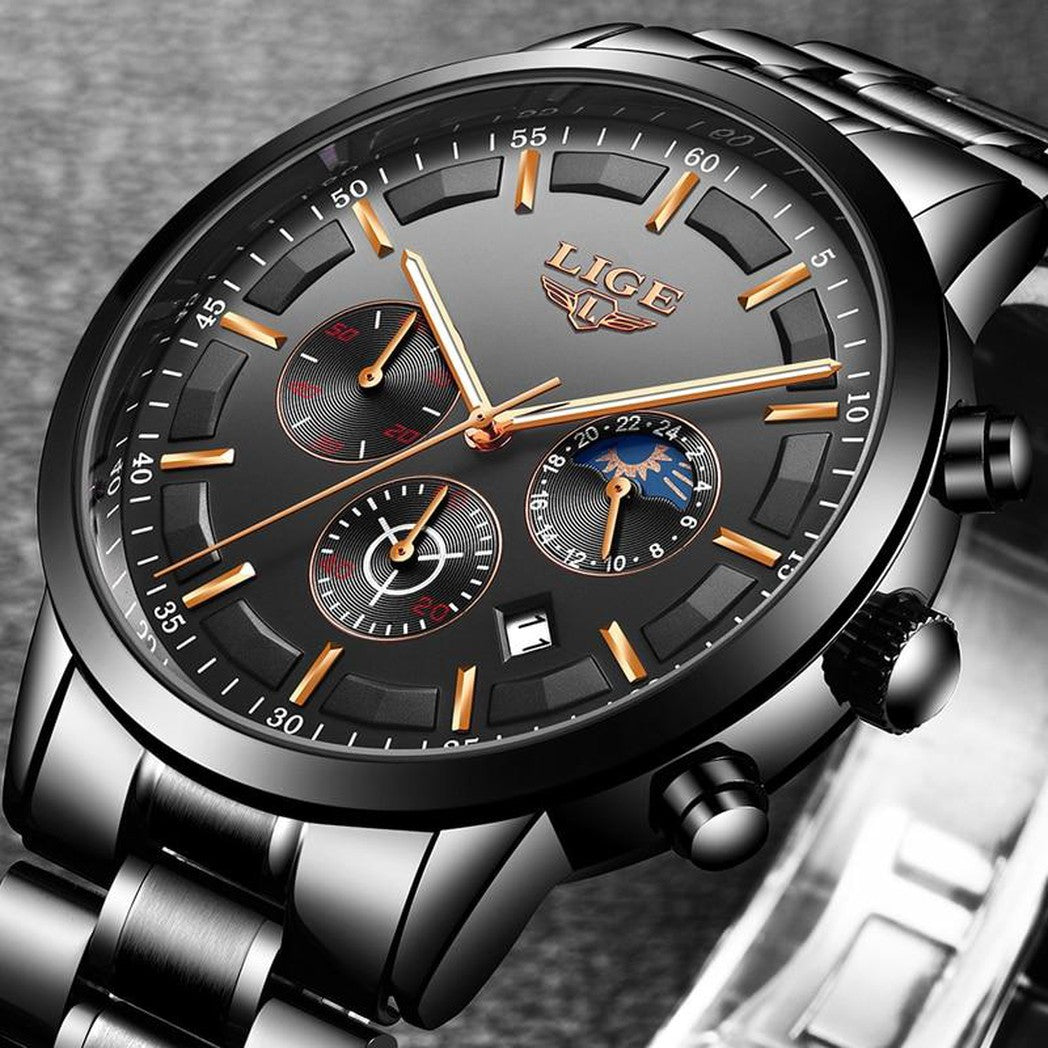 Schwarze Militär-Armbanduhr mit Stahlband