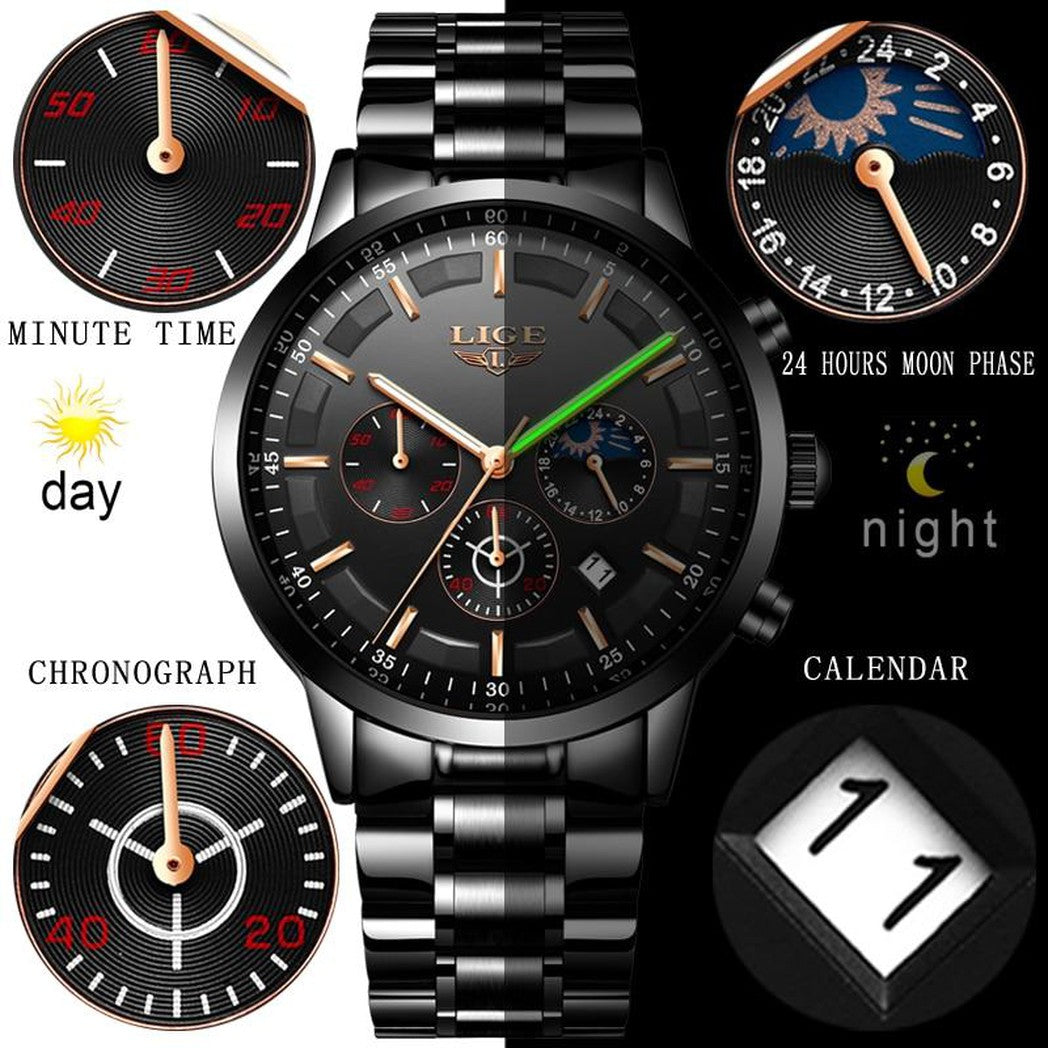 Schwarze Militär-Armbanduhr mit Stahlband