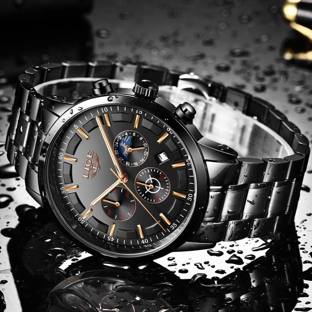 Schwarze Militär-Armbanduhr mit Stahlband