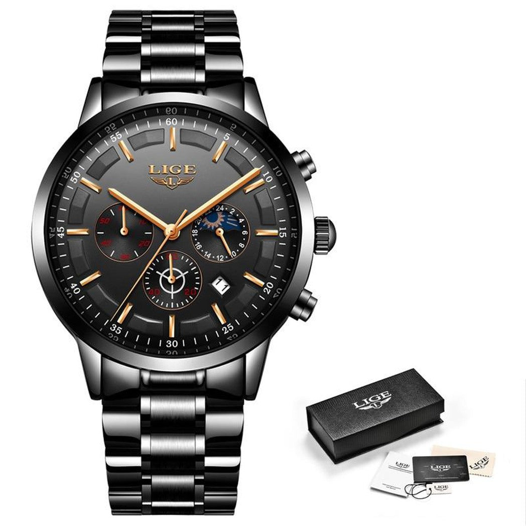 Schwarze Militär-Armbanduhr mit Stahlband