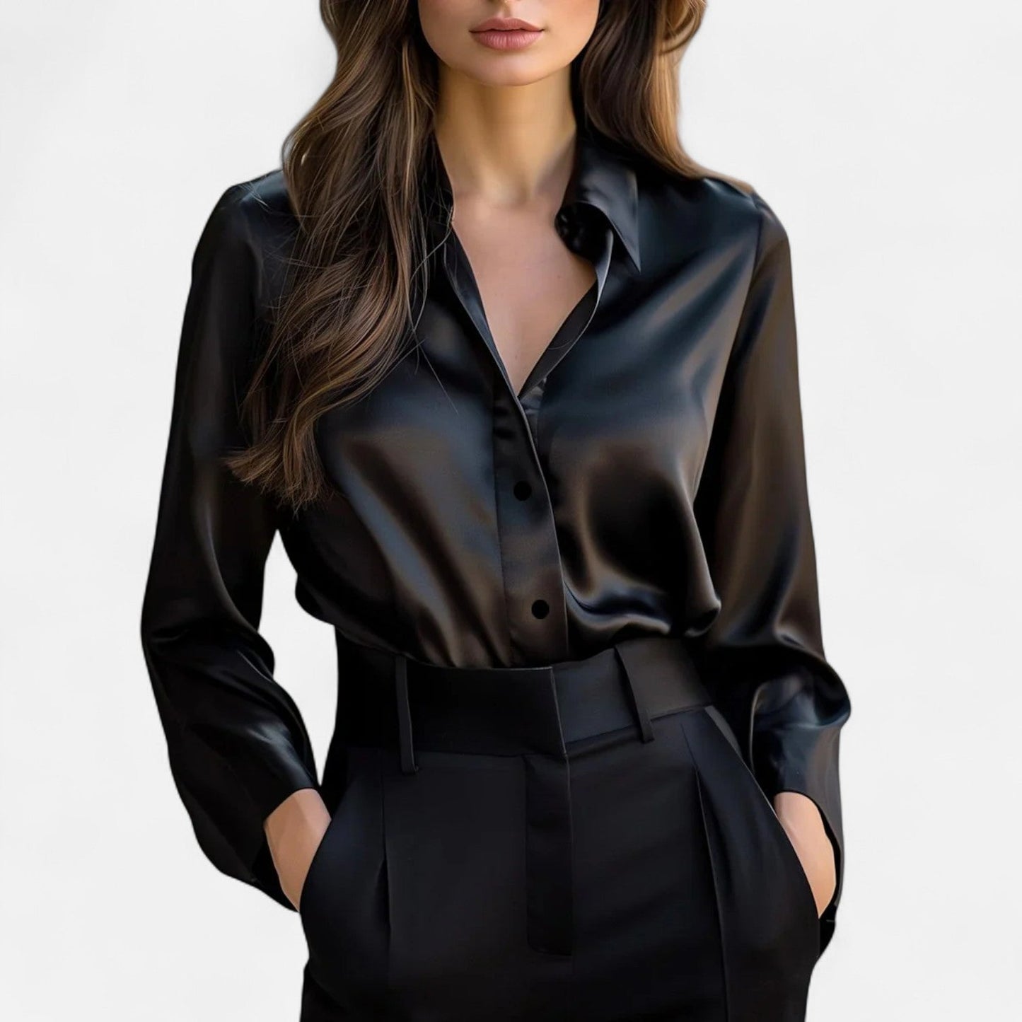 Schwarze Satinbluse für Damen mit langen Ärmeln – zeitlose Eleganz, moderne Raffinesse