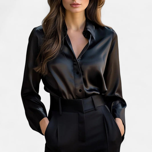 Schwarze Satinbluse für Damen mit langen Ärmeln – zeitlose Eleganz, moderne Raffinesse