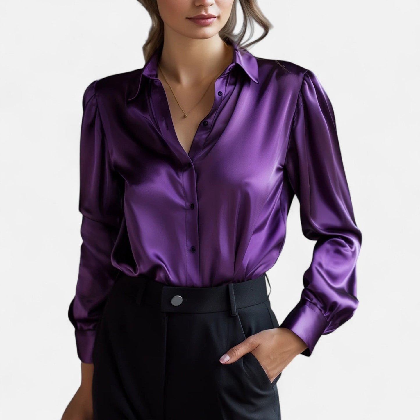 Schwarze Satinbluse für Damen mit langen Ärmeln – zeitlose Eleganz, moderne Raffinesse