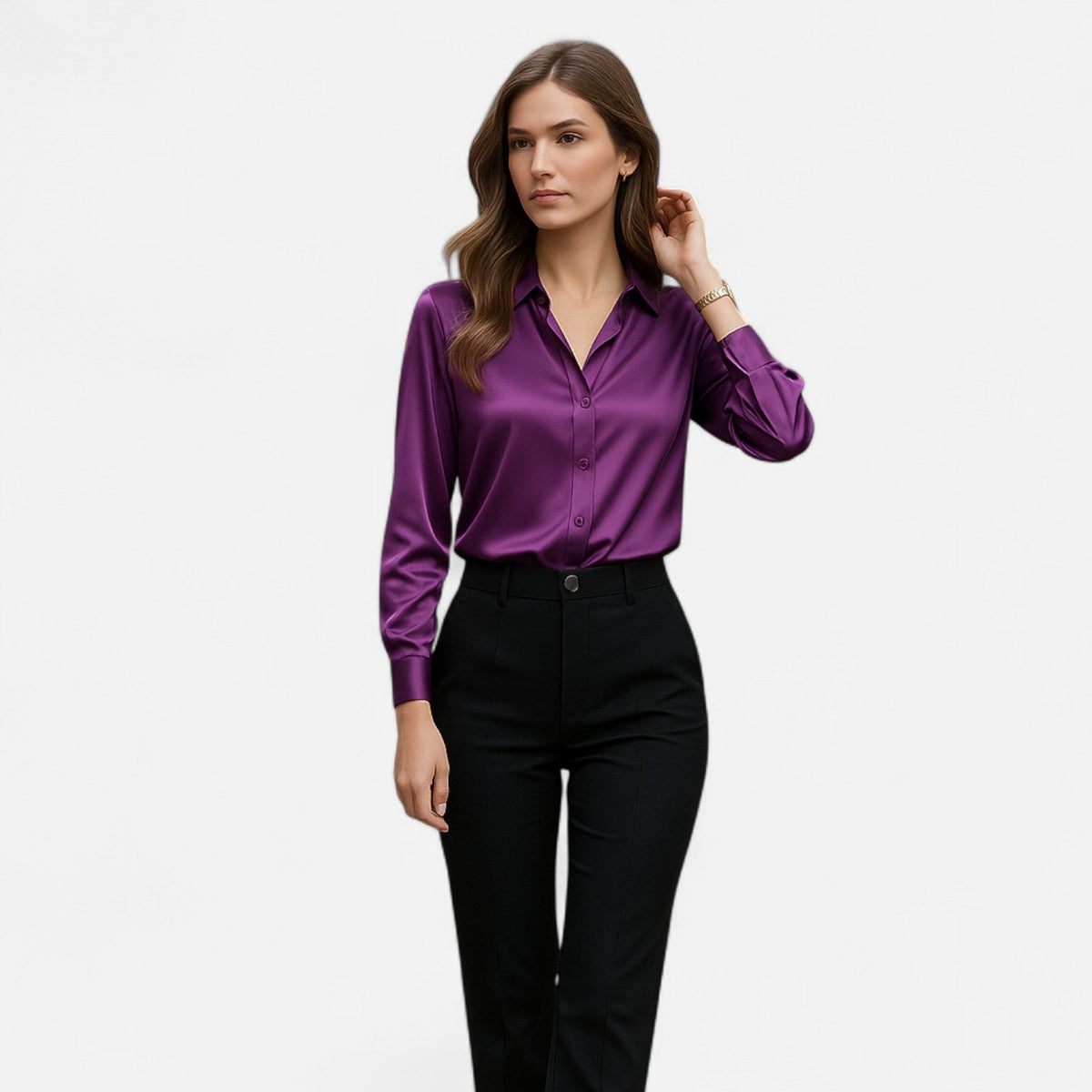 Schwarze Satinbluse für Damen mit langen Ärmeln – zeitlose Eleganz, moderne Raffinesse