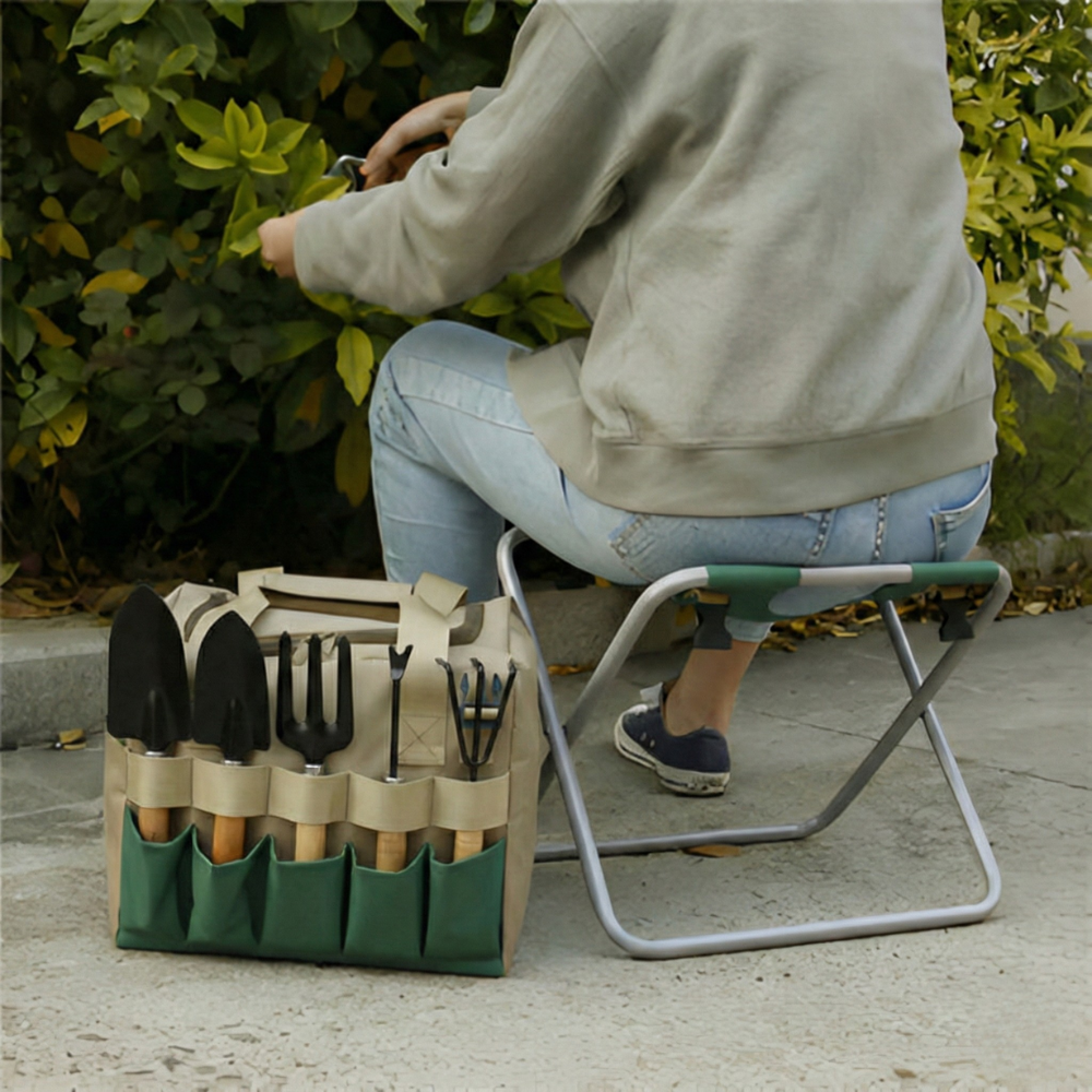Sechsteiliges Gartenwerkzeug-Set mit klappbarem Hocker und Tragetasche