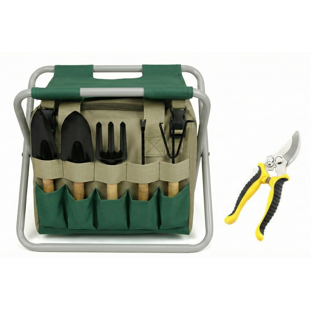 Sechsteiliges Gartenwerkzeug-Set mit klappbarem Hocker und Tragetasche