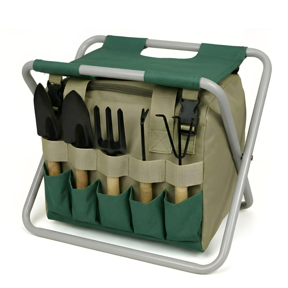 Sechsteiliges Gartenwerkzeug-Set mit klappbarem Hocker und Tragetasche